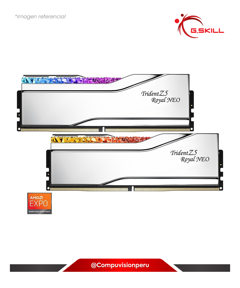 MEMORIA 32GB (16*2) DDR5 BUS 6400MHZ G.SKILL TRIDENT Z5 ROYAL NEO SILVER AMD EXPO CL30 1.40V F5-6400J3039G16GX2-TR5NS