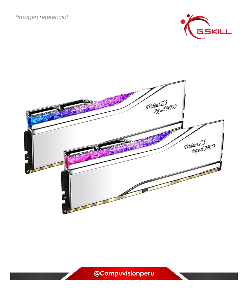 MEMORIA 32GB (16*2) DDR5 BUS 6400MHZ G.SKILL TRIDENT Z5 ROYAL NEO SILVER AMD EXPO CL30 1.40V F5-6400J3039G16GX2-TR5NS