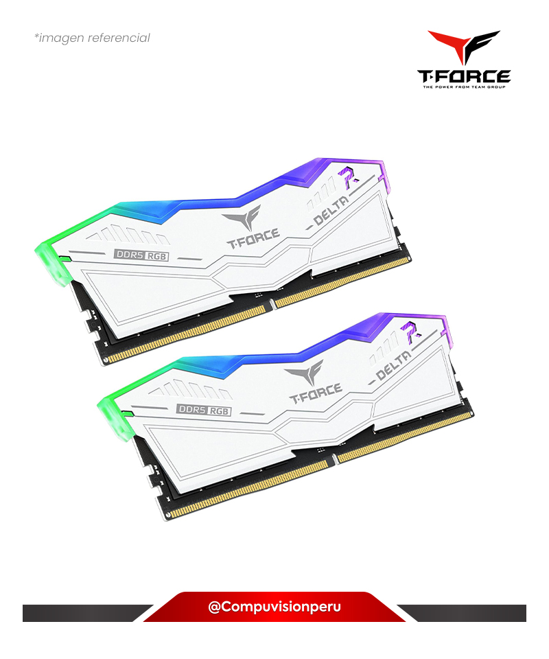 MEMORIA 64GB (32*2) DDR5 BUS 6000MHZ TEAM T-FORCE DELTA RGB WHITE CL38 1.30V PC5 48000 FF4D564G6000HC38ADC01