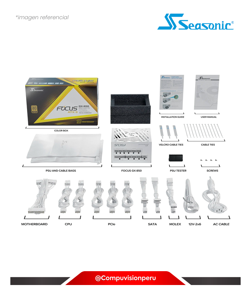 FUENTE 850W SEASONIC FOCUS GX-850 WHITE ATX 3.1 PCI-E 5.1 80 PLUS GOLD FULL MODULAR SRP-FGX851-A5A32S