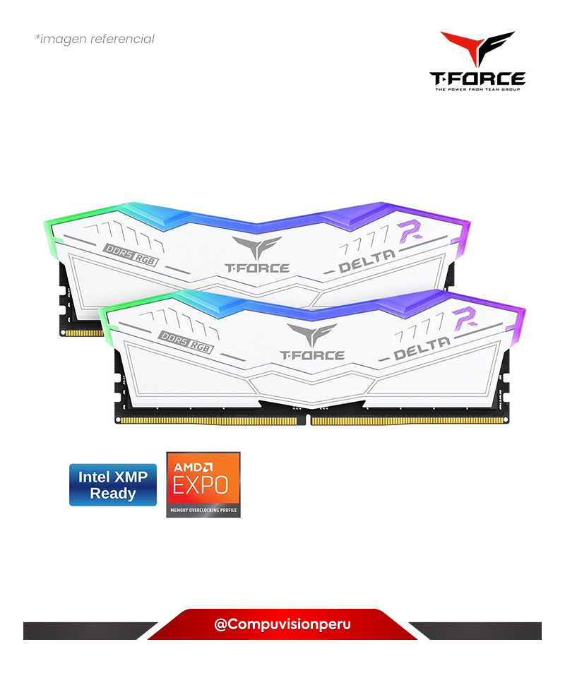 MEMORIA 32GB (16*2) DDR5 BUS 6000MHZ TEAMGROUP T-FORCE DELTA RGB WHITE CL30 1.35V  INTEL XMP AMD EXPO FF4D532G6000HC30DC01