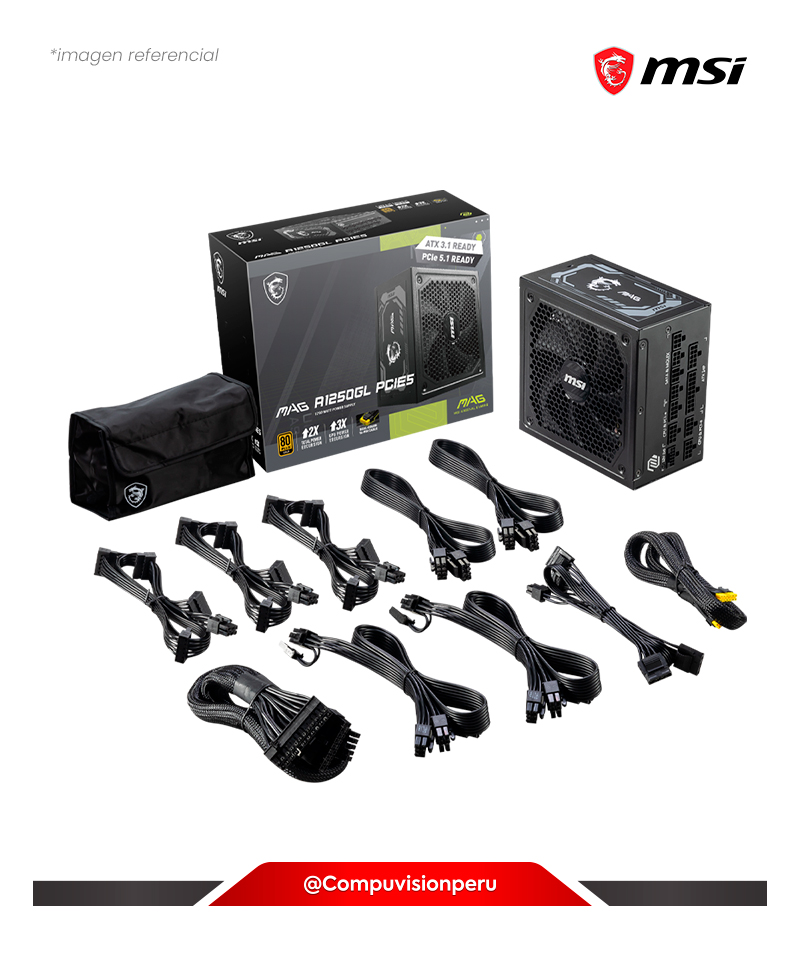 FUENTE 1250W MSI MAG A1250GL PCIE5 80 PLUS GOLD MODULAR FLUID DYNAMIC BEARING ACTIVE PFC