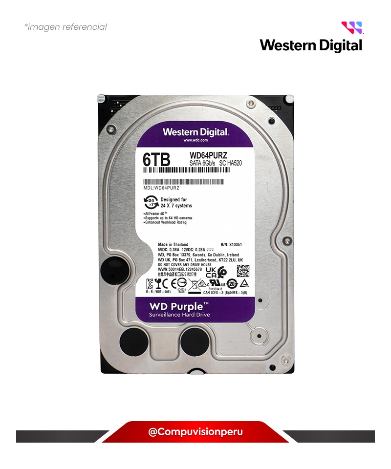 DISCO D 6TB WESTER DIGITAL PURPLE SATA 6.0GB/S 5400RPM 256MB 3.5 WD64PURZ