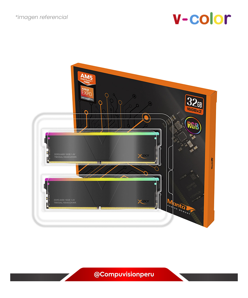 MEMORIA 32GB (16*2) DDR5 BUS 6400MHZ V-COLOR MANTA XSKY SK HYNIX IC RGB BLACK AMD EXPO CL32 1.4V TMXSAL1664832KWK