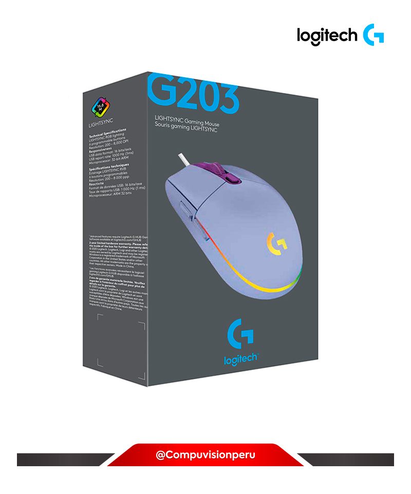 MOUSE LOGITECH G203 LIGHTSYNC 8000 DPI RGB LILA OPTICAL GAMING USB 910-005851
