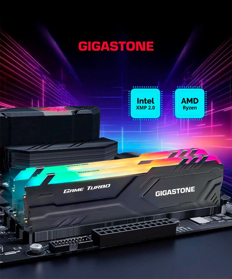 MEMORIA 16GB DDR4 BUS 3200MHZ GIGASTONE GST GAME PRO RGB BLACK CL16 1.35V DDR4-3200-16U-2-GST-RGB-GAMETURBO-BLACK(1)