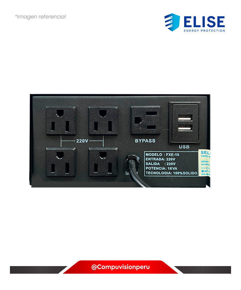 ESTABILIZADOR ELISE FASE FXE-10 BLACK SOLIDO 1.0KVA 4 TOMAS A 220VAC 1 TOMA BY-PASS