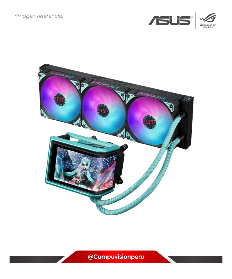 COOLER DE CPU ASUS ROG RYUO IV 360 ARGB HATSUNE MIKU EDITION 3*120MM MF-12C ARGB FAN MONITOR: 6.67 AMOLED AMD INTEL