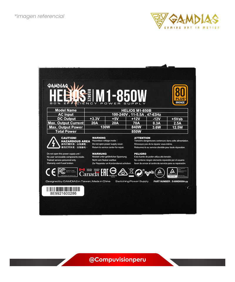 FUENTE 850W GAMDIAS HELIOS M1-850B BLACK 80 PLUS BRONZE 16210-01900-10000-G