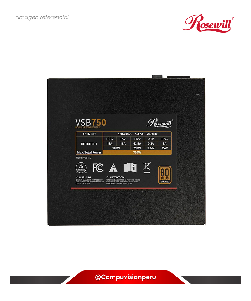 FUENTE 750W ROSEWILL VSB 750W 80 PLUS BRONZE 3.1 COMPATIBLE SEMI MODULAR PCIE 5.1 VSB750